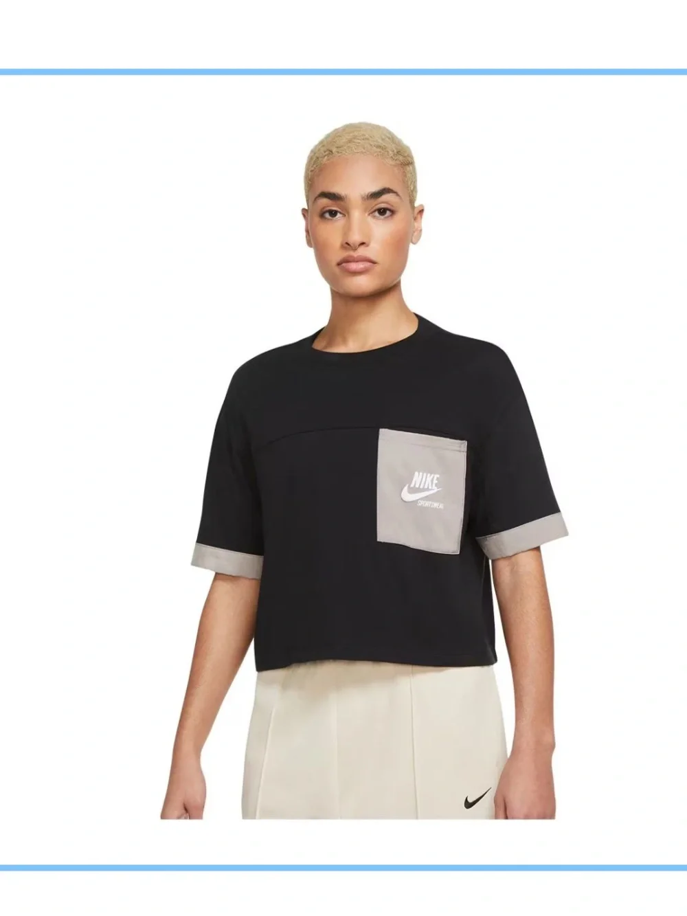 Nike Heritage Black Cropped Cotton Oversized Boxy Tee with Tan Pocket Accents L